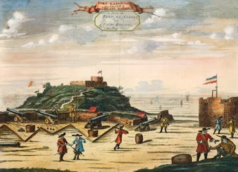 The Dutch Fort of Nassau on the island of Goree, Senegal, engraving