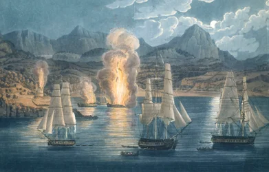 The English destroying French ships in the Bay of Sagone, Corsica on 30 April 1811
