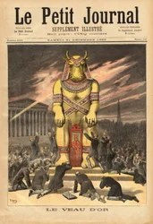 The French deputies, in front of the steps of the National Assembly, kneeling to worship the golden calf, symbol of idolatry and materialism, the illustration testifies to the deception of the savers who learned that their money was used only to pay the