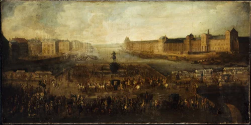 The Pont-Neuf, seen from the entrance to the Place Dauphine, the Quai Malaquais with the Collège des Quatres-Nations, the Grande Galerie and the Louvre, circa 1665