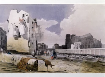 The banks of the Seine and Notre Dame de Paris - lithography