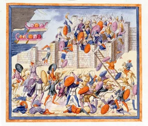 The battle on both sides of the walls built by the Greeks. The Iliad, chant XII, engraving from the end of the 18th century.
