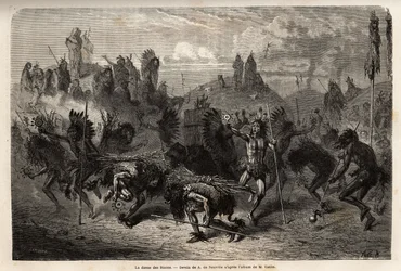 The Bison Dance Performed by the Warriors in the Mandan Indians. Engraving to Illustrate an Excursion Among the Indian Tribes of the Basins of Columbia and Upper Missouri, by G. Catlin, in 1855, Published in Le Tour du Monde, Nouveau Journal des Voyages