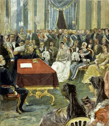 The civil marriage of the Prince of Naples with Princess Helene of Montenegro at the Quirinal Palace in 1896. Humbert I on the left of the bride