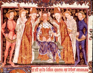 The coronation of a king, probably King Richard II of England (1367-1400). Miniature from the manuscript on coronation rites, "Liber regalis", 14th century. Pamplona, Archive of Navarre