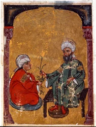 The doctor and botanist Pedanius Dioscorides explaining to one of his students the virtues of plants derived from his treatise 
