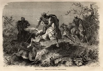 The Dyaks (indigenous to Borneo) hunting, riding and lassos weapons. Engraving to illustrate the voyage in the Malaysian archipelago