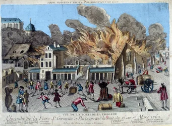 The Fire of the Saint Germain Fair in Paris, on the Night of 16 to 17 March 1762, Seen from the Door of the Treille. Engraving of the 18th Century