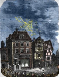 The first lightning rod established by Benjamin Franklin on a house in Philadelphia. 1760.