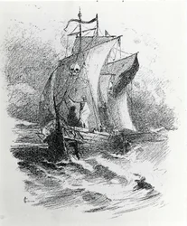 The legend of the Ghost Ship or the Flying Dutchman: a Dutch commander wanting to try the fate would have been condemned to wander on his ship forever bringing misfortune to the ships crossing his way. Engraving of the 19th century