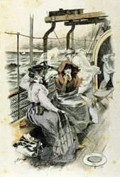 The life of passengers on board: a young woman suffers from seasickness.