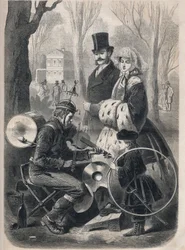 The man orchestra of the Champs Elysees in Paris. He has a bells hat, a roller crate on his back, cymbals on his knees, and plays the violin. Engraving in 