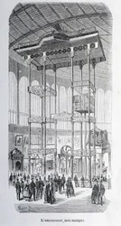 The mechanical lift of the engineer Edoux at the world exhibition of 1867 (engraving)