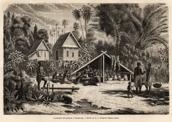The production of pottery in Saniaboury (Laos). Engraving to illustrate the voyage of exploration in Indochina, by Francis Garnier, lieutenant de Vaissseau, in 1866-1868, published in “Le tour du monde” 1870-1871, edited by Edouard Charton