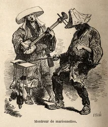 The Puppetry Show and the Musician Who Accompanies Him for Street Entertainment. Engraving to Illustrate the Journey to Japan, by Aime Humbert, Minister of the Swiss Confederation, in 1863-1864, Published in Le Tour du Monde, Nouveau Journal des Voyages