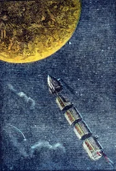 The Rocket Launched into Space Arriving at the Moon - Engraving in “From the Earth to the Moon” by Jules Verne