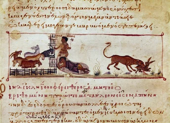 The sheep breeding, on the right a hare is devoured by a beast