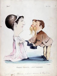 The twin brothers Pelliccia received Erminia Frezzolini, the Italian soprano (1818-1884). Cartoon from the 19th century