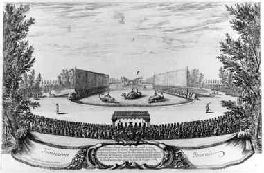 Third day: theatre set up in the middle of the Great Pond, representing the island of Alcine... Engraving 1676