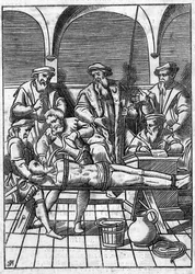 Torture in the Middle Ages: the question of water. Tied by strings, water is poured on a cloth that is pushed to the bottom of his throat. Engraving of the 18th century after an engraving of the Middle Ages