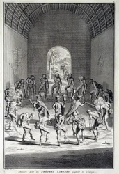 Traditional dance: Rites in the Karibs dance of courage, West Indies (Central America). Engraving of the 18th century