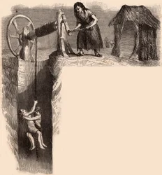 Two exhausted children taken out from an English coal mine by a woman with a winch (engraving)