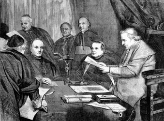 Vatican Council I. Pope Pius IX surrounded by members of the Board of Directors of the Council. 1869