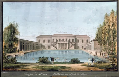 View of Diana bath, first Italian swimming pool, in Milan