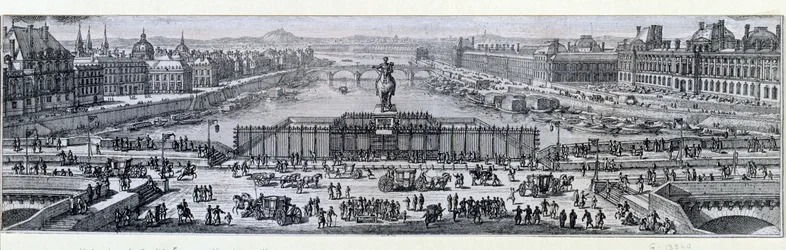 View of the Pont Neuf in Paris. Engraving from the end of 17th century. Paris, Musee Carnavalet
