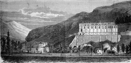 View of the church under construction near the miraculous cave of Lourdes in the High Pyrenees where the Virgin appeared to Bernadette Soubirous in 1858 (engraving of the 19th century)