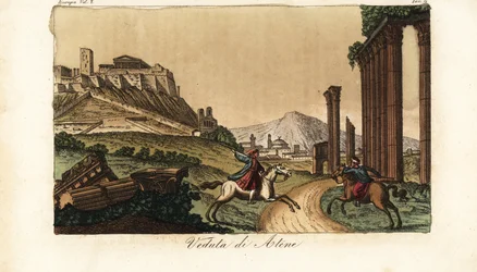 View of the city of Athens, Greece, with the Acropolis and Parthenon at left, ruins of columns, monuments and Propylaea in front