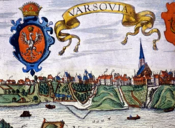 View of the city of Warsaw with the coat of arms of the city. 1780