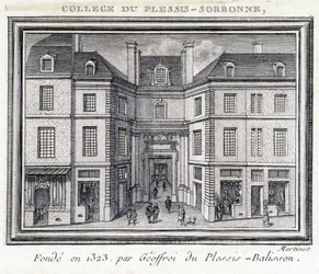 View of the exterior facade of the college of Plessis Sorbonne (Paris), founded in 1323 by Geoffroy of Plessis Balisson used from 1848 to 1849 by the ENA. Engraving preserved at the Musee Carnavalet, Paris.