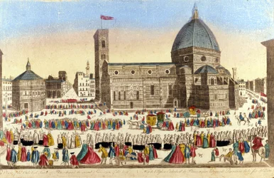 View of the Great Cathedral of Florence (Duomo Santa Maria del Fiore) Realized by Filippo Brunelleschi, on the Day of the Procession of the Holy God. 1790 Approx.