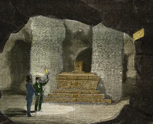 View of the Ossuary of the Catacombs of Montsouris in Paris. Engraving from 1856 in 