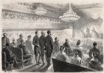 Visit of William I of Prussia to Compiegne: gala show at the palace theatre in the presence of Napoleon III - Engraving in 