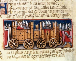 War machines, precursors of the tank, used by Charlemagne against the Moors of Spain - in "The Entrance into Spain", a 14th-century manuscript. Biblioteca Marciana, Venice.