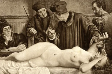 Scientists Looking for a Mole on the Body of a Witch, Illustration by E. Van Hoove, 1888