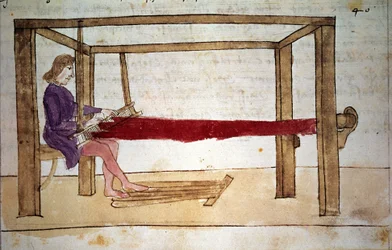 Wool weaving. Miniature from a 14th century manuscript. Florence, Nazionale biblioteca
