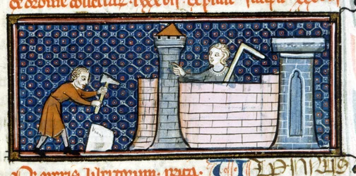 Workers Building a Fortified Monastery, Miniature from the Middle of the 13th Century. Biblioteca Trivulziana