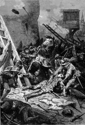 Wounded Joan of Arc removes the arrow that touched her