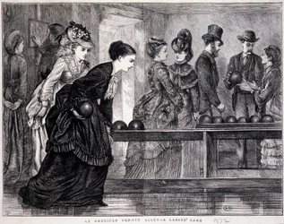 Young women playing bowling, in the United States, circa 1870 - engraving