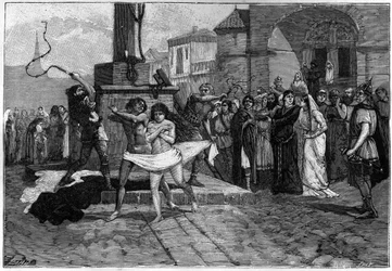 An adulterous man and woman are whipped in the public square of a village in France in the Middle Ages. 19th-century engraving illustrating the morals of the French.
