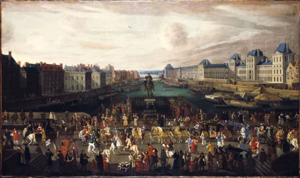 The Pont-Neuf, seen from the entrance of Place Dauphine, the Quai Malaquais with the Collège des Quatre-Nations under construction, the Grande Galerie and the Louvre, circa 1665. Passage of a Procession on the Bridge, between 1665 and 1669