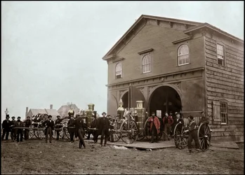 Fire brigade posing in front of the barracks, Alexandria. Virginia, United States. 1863. Photography