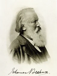 Portrait of Johannes Brahms, German composer on an autograph photograph.