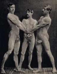The Oath of the Horaces, pose three naked men taking oath. Photography, late 19th century, Paris. Coll. Selva