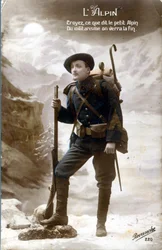 WWI Postcard, Alpine Hunter. “Believe What the Little Alpine Says, Militarism Will See the End.”