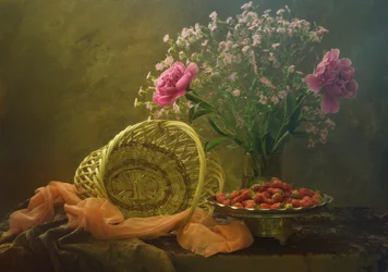 Pink Peonies and Strawberries