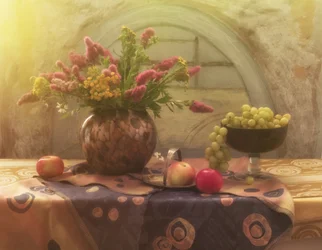 Warm Floral Fruit Still Life
